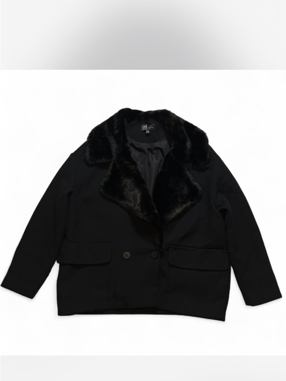 Zara TRF Double-breasted Coat Faux Fur Collar Front Patch Pockets Black Sz S/M